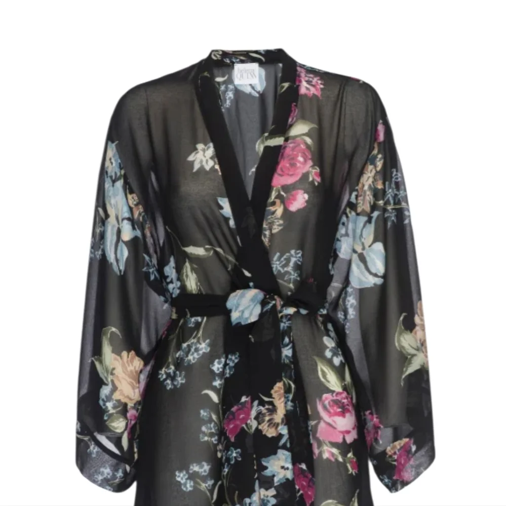 helena Quinn Georgette Kimono Coverup Sheer Black Floral One Size Fits All - Picture 8 of 16